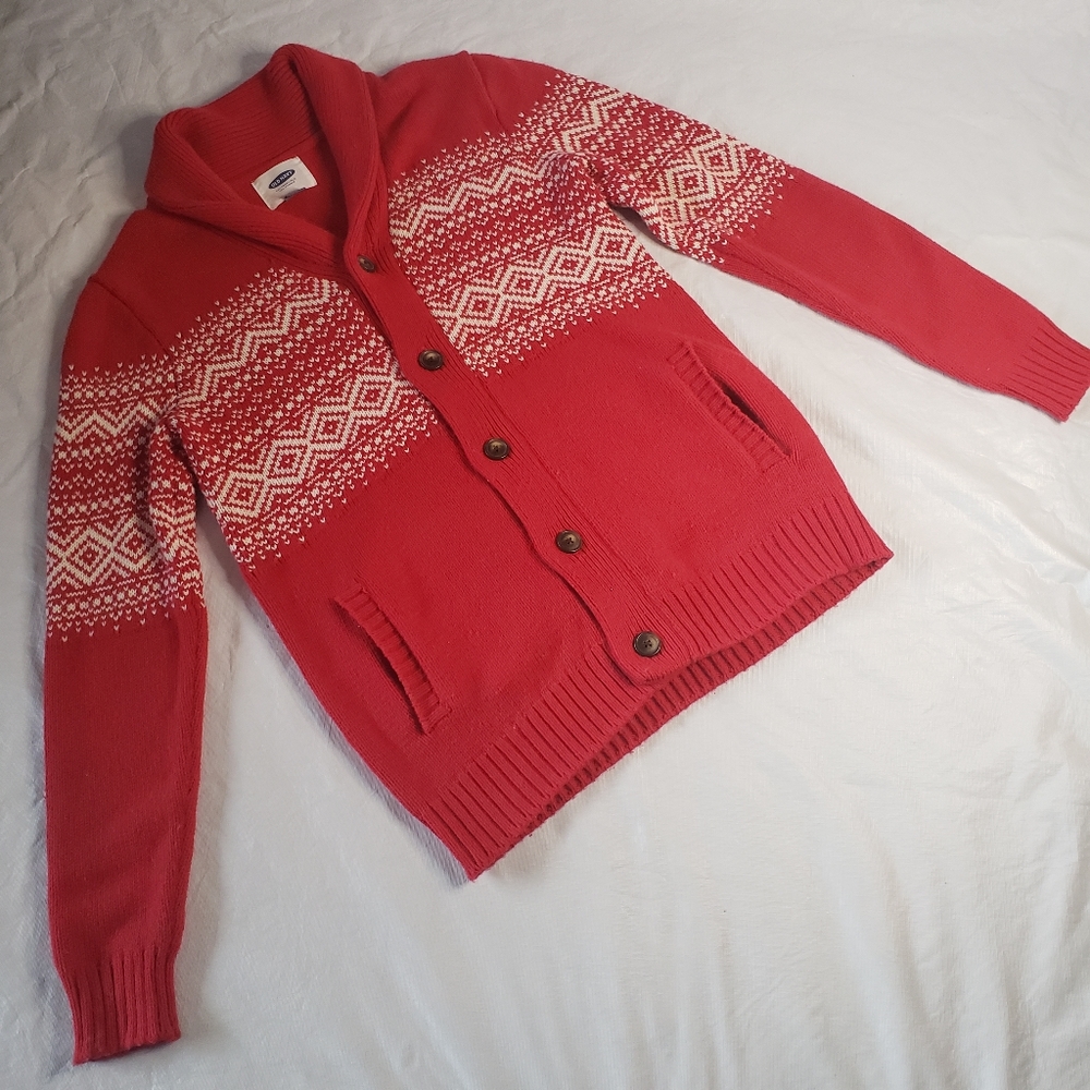 Old Navy Red and White Men's Cardigan Sweater